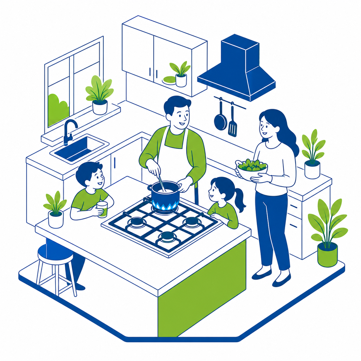 Happy Family in Warm Kitchen with Blue Flame Stove